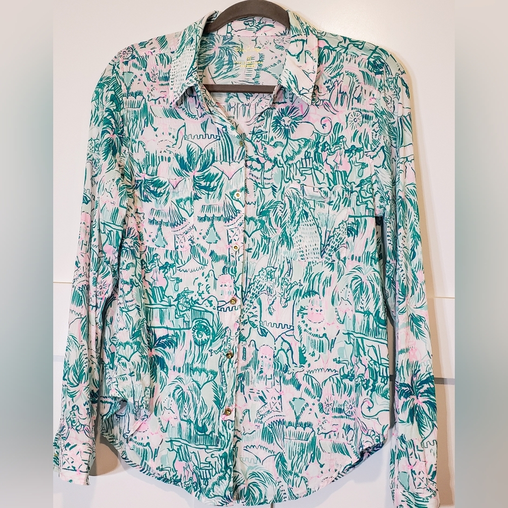 Lily Pulitzer Seaview Button Up Bright Agate Green Colorful Camelflage M… - Picture 14 of 14